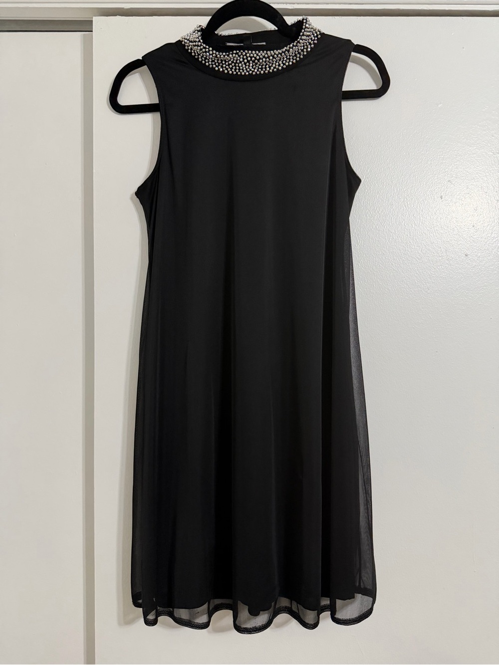 Sleeveless Black Mini Dress with Beaded High Collar